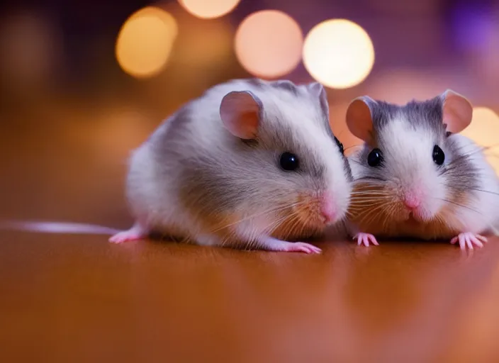 Prompt: photo of a hamsters on a date, kissing, at night, romantic, faded colors, candlelit restaurant table, cinematic color grading, various poses, soft light, centered, sharp focus, 8 k