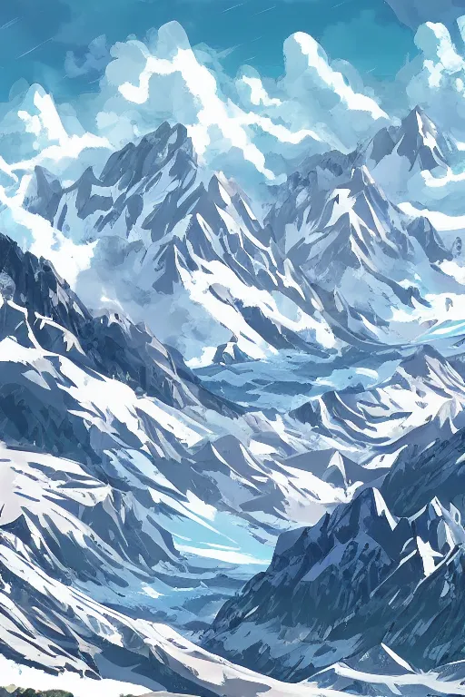 Prompt: mountain range and Alm in the Alps in the style of Heidi the cartoon, cartoon, intricate Details, concept art, matte painting, highly detailed, rule of thirds, dynamic lighting, cinematic, detailed, denoised, centerd, clean render
