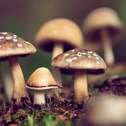 Image similar to macro photo with a mushroom character with cute eyes, very close to real nature, natural colors and natural surroundings, painted patterns and coloring on mushrooms, 8K, highly detailed