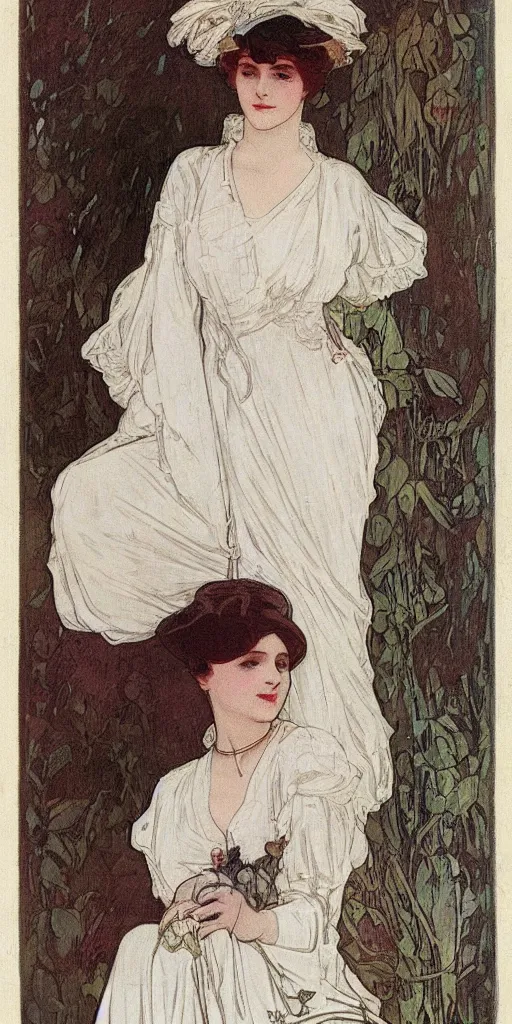 Prompt: a young edwardian woman wearing a white blouse and a grey skirt, in the style of mucha