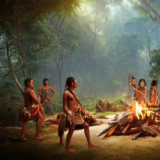 Prompt: a beautiful matte painting of an indigenous tribe around a fire in the jungle, fantasy art, octane render, epic lighting, beautiful composition, matte painting, highly detailed