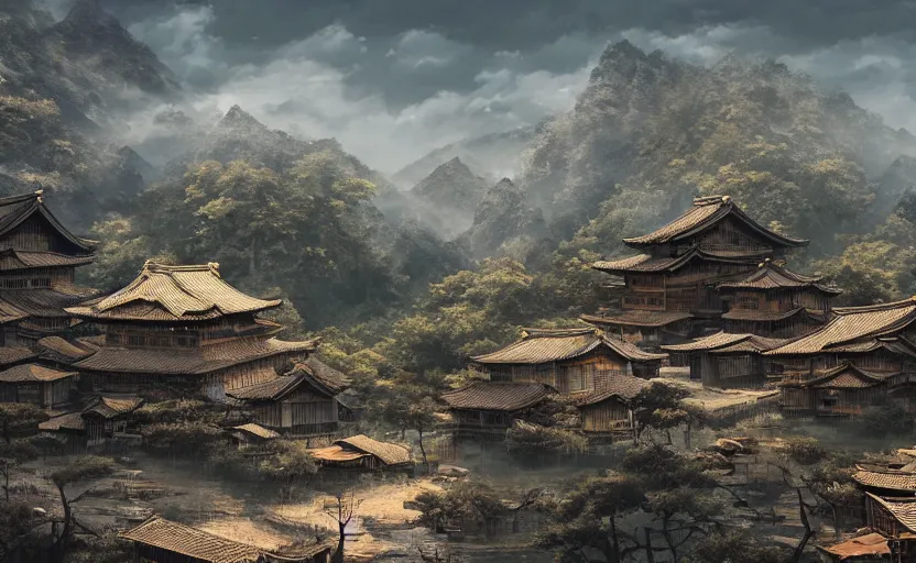 Prompt: highly detailed environment concept art of old, ruined, japanese village from sengoku period, surrounded by dense rock formations, high in mountains, cinematic lighting, photobash, raytracing, volumetric lighting