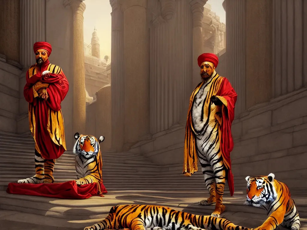 Image similar to moor with fez and turban in gilded silken robes with pet tiger at his side in front of immaculate palace intricate. highly detailed highly detailed, photorealistic, octane render, 8 k, unreal engine. art by artgerm and greg rutkowski and wayne barlowe