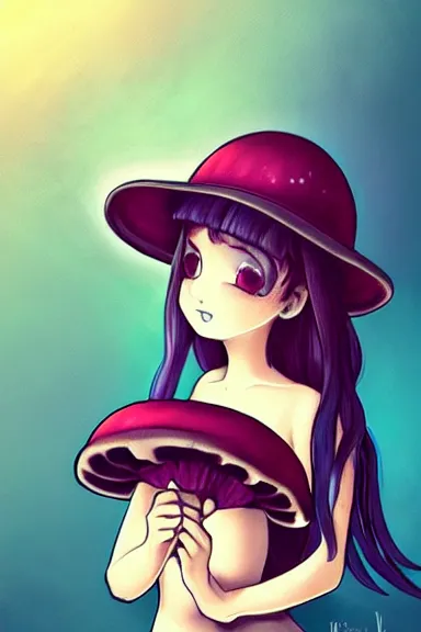 Image similar to a little girl wearing a mushroom hat in dress sitting | | purple curvy hair, pretty face, fine details, digial art by lois van baarle, anatomically correct, perfect composition, symmetrical, fantastic, clean details, anime character, extremely detailed