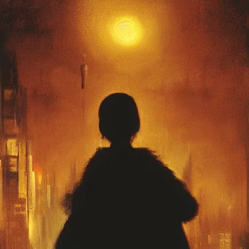 Prompt: digital art cyberpunk cityscape nighttime silhouette of young girl holding balloon in the foreground painted by turner 1860