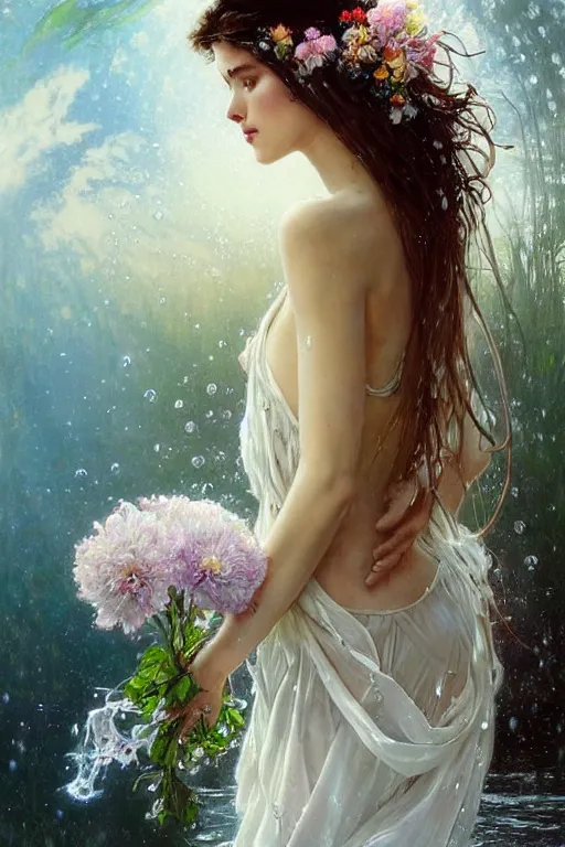 Image similar to portrait of a beautiful woman wearing a white dress, holding a bouquet of flowing flowers, drenched body, wet dripping hair, emerging from the water, fantasy, regal, fractal crystal, fractal gems, by stanley artgerm lau, greg rutkowski, thomas kindkade, alphonse mucha, loish, norman rockwell