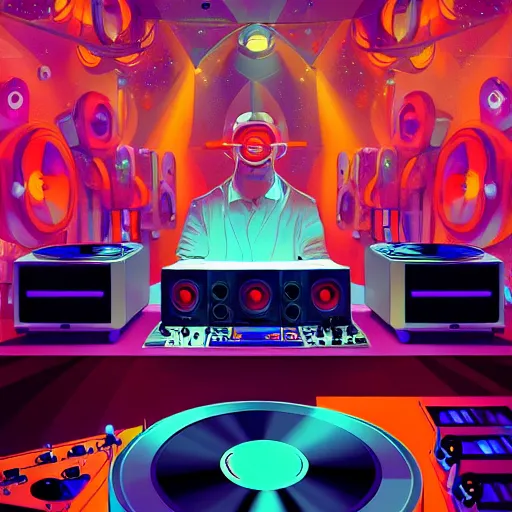 Prompt: a dj creating disco music in an underground lab, surrounded by large retro speakers, digital painting, artstation, ristan eaton, victo ngai, artgerm, rhads, ross draws, anime styled, hd, 4 k