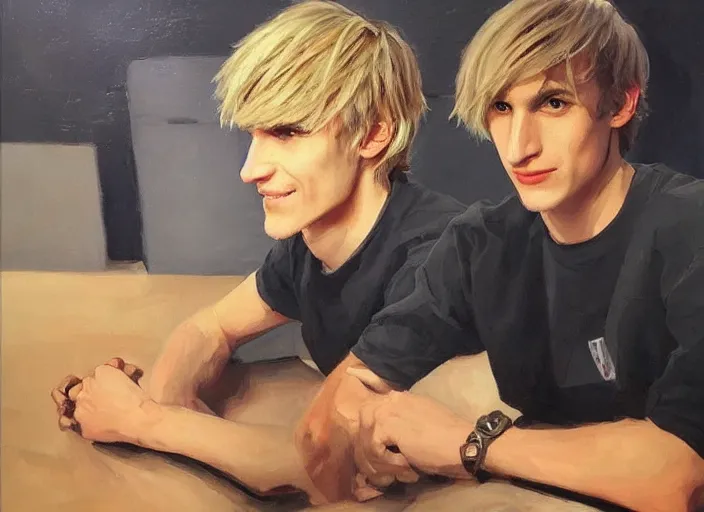 Image similar to a highly detailed beautiful portrait of xqcow xqc felix lengyel, twitch. tv, by gregory manchess, james gurney, james jean