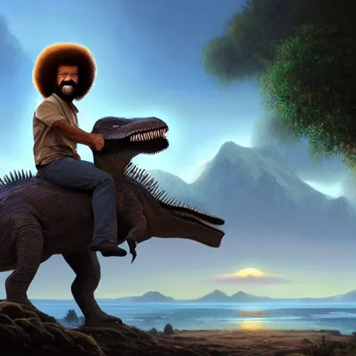 Image similar to bob ross!!! riding!!! a dinosaur!!, giant afro!, model pose, ultra realistic, concept art, intricate details, highly detailed, photorealistic, octane render, 8 k, unreal engine. art by artgerm and greg rutkowski and alphonse mucha