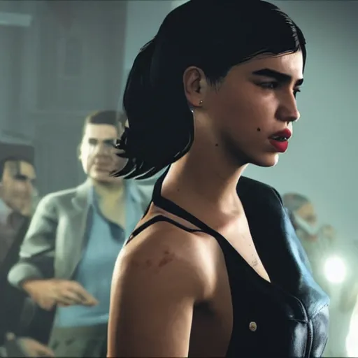 Prompt: Dua Lipa as a mafia mob in Mafia 3 videogame, rockstar games, gameplay, 4k