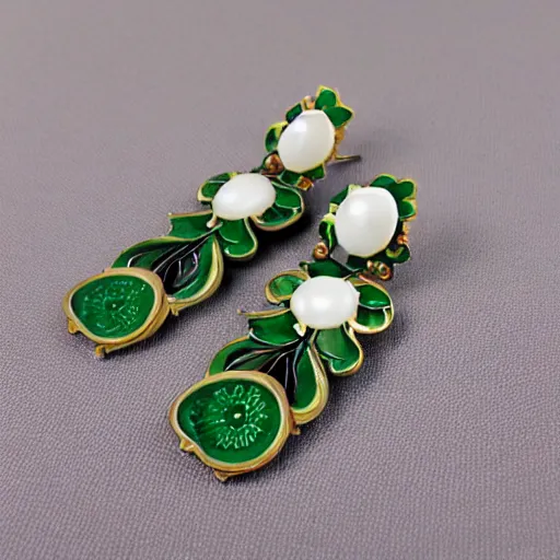 Prompt: ivory emerald porcelain enamel artnouveau earrings