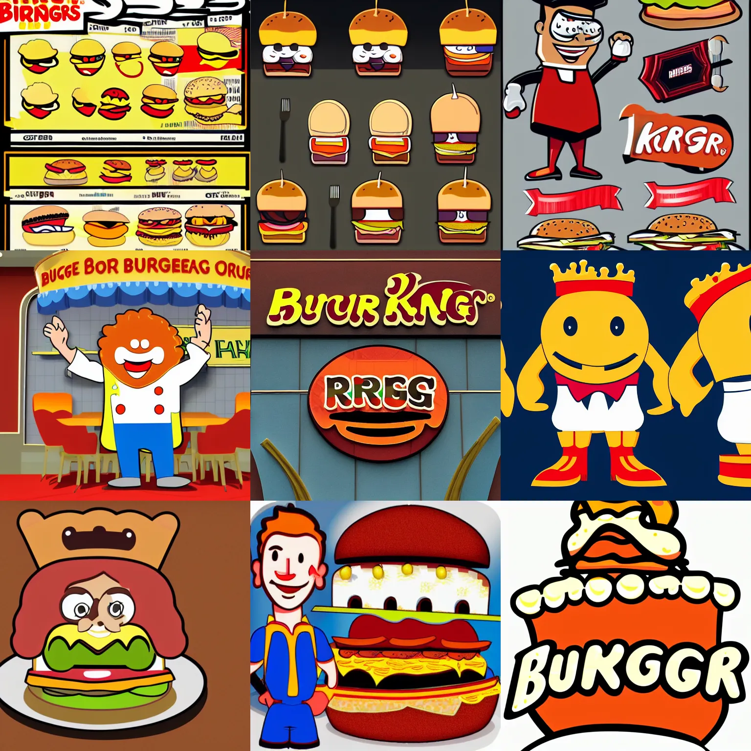 Prompt: restaurant mascot of a burger king cartoon design
