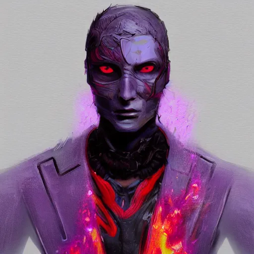 Image similar to character design sketch humanoid by ahmet atil akar, profile portrait, cyberpunk street goon, concept art character, cyberpunk fashion, with body made of purple lava and fire, marvelous designer, fantasy, painted, 4 k, high detail, sharp focus, trending in artstation