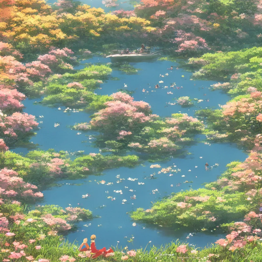 Image similar to a beautiful lake with blooming flowers, sunshine, warm colors, relaxing, calm, cozy, peaceful, by mamoru hosoda, hayao miyazaki, makoto shinkai