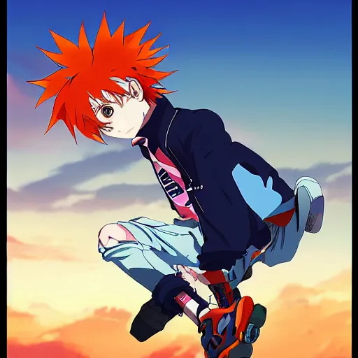 Image similar to orange - haired anime boy, 1 7 - year - old anime boy with wild spiky hair, wearing red jacket, flying through sky, ultra - high jump, late evening, blue hour, cirrus clouds, pearly sky, ultra - realistic, sharp details, subsurface scattering, blue sunshine, intricate details, hd anime, 2 0 1 9 anime