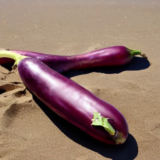 Image similar to huge eggplant sunbathing on the beach among people, photo,