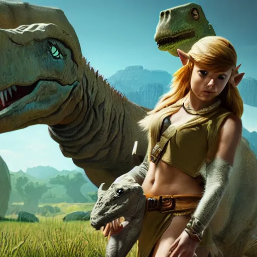 Image similar to a hyper real comic book style portait painting of zelda in the stone age with dinosaurs, unreal 5, hyperrealistic, octane render, cosplay, rpg portrait, dynamic lighting