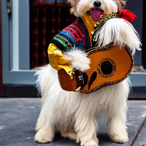 Image similar to a cream-colored Havanese dog dressed as a mariachi musician, playing the guitar, Leica 35mm, 4K