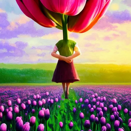 Image similar to girl with singular giant tulip as a head, surreal photography, flower field, sunset dramatic light, impressionist painting, colorful clouds, blue sky, digital painting, artstation, simon stalenhag