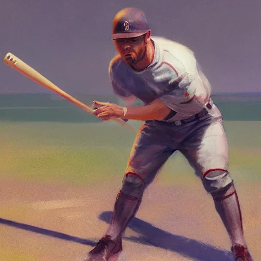 Prompt: baseball player hitting the ball with the baseball bat in the middle of the game and in front of everyone in the stadium, james gurney painting style, greg rutkowski, artstation