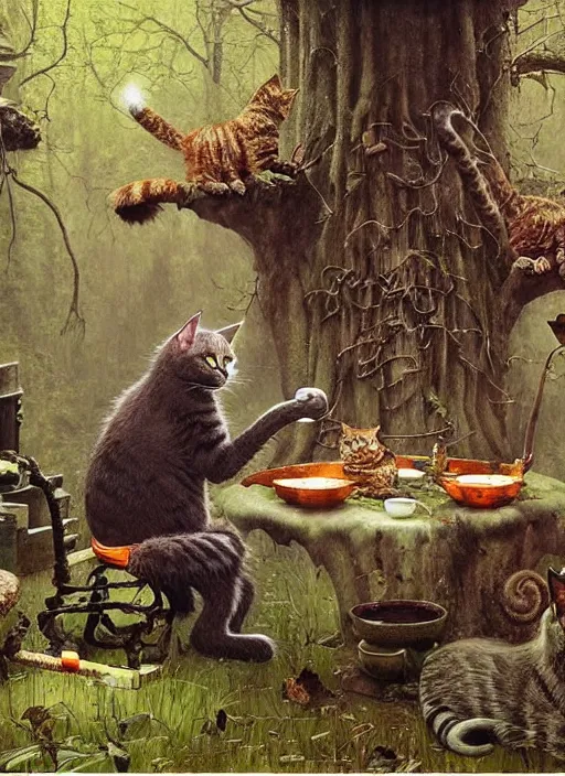 Prompt: cat having tea at a shrine in the woods gorgeous lighting, lush forest foliage a hyper realistic painting by chiara bautista and beksinski and norman rockwell and greg rutkowski weta studio, and lucasfilm