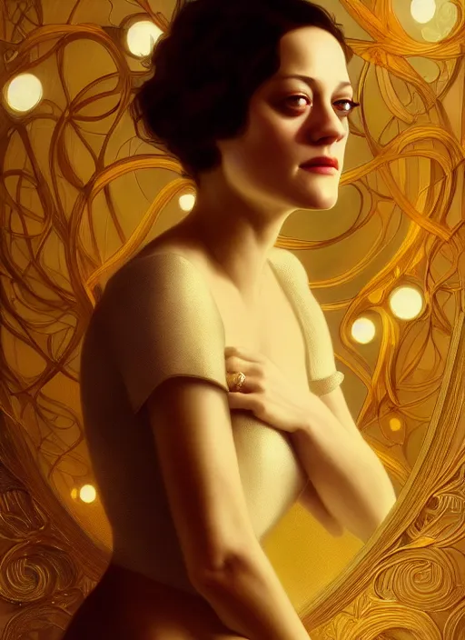 Image similar to portrait of marion cotillard, intricate, elegant, glowing lights, highly detailed, digital painting, artstation, glamor pose, concept art, smooth, art nouveau, sharp focus, illustration, art by wlop, alphonse mucha and craig mullins