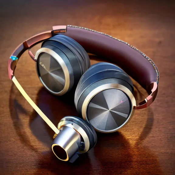 Image similar to masterpiece photo of beautiful crafted artistic bismuth metal headphones, bismuth rainbow metal, bismuth cups, leather padding, displayed on mahogany desk, modernist headphones, bismuth headphones beautiful well designed, hyperrealistic, audiophile, intricate hyper detail, extreme high quality, photographic, meze audio, sennheiser, hifiman, artstation