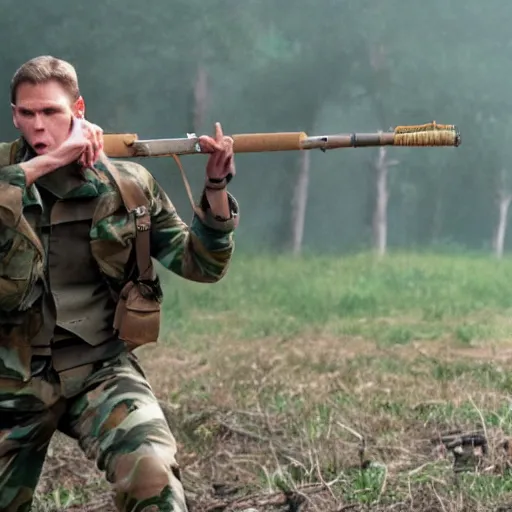 Prompt: Live Action Still of Jerma in Full Metal Jacket, real life, hyperrealistic, ultra realistic, realistic, highly detailed, epic, HD quality, 8k resolution, body and headshot, film still