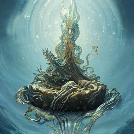 Prompt: decorative ornamental shrine of holy god of the sea, acanthus scroll, ceremonial clouds, dripping paint, fibonacci rhythm, kelp, barnacle, artstation, art germ, wlop, karol bak, christopher balaskas