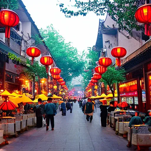 Prompt: A street full of restaurants in Hangzhou in the early 2000s, evening