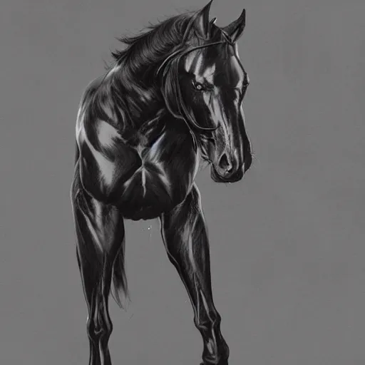 Image similar to an enormously muscular black - coated anthro horse at a research facility wearing skintight body armor, long mane, highly detailed, digital painting, artstation, illustration, art by artgerm, greg rutkowski, wlop