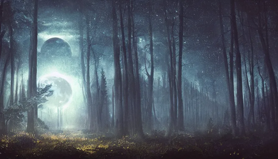 Image similar to a beautiful forest landscape at dusk, big moon and stars in the sky, matte painting, dark blue tones, concept art, 4k