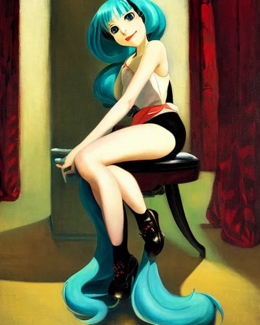 Image similar to A very beautiful painting of hatsune Miku sitting on the chair by Enoch Bolles and Gil Elvgren