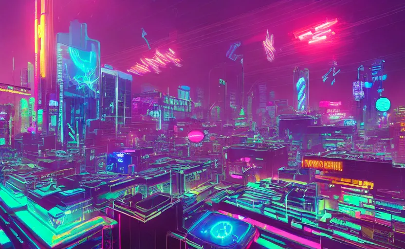 Image similar to Wide angle shot of a cyberpunk city with neon lights and holographic fishes floating in the sky by Petros Afshar and Beeple, James Gilleard, Mark Ryden, Wolfgang Lettl highly detailed