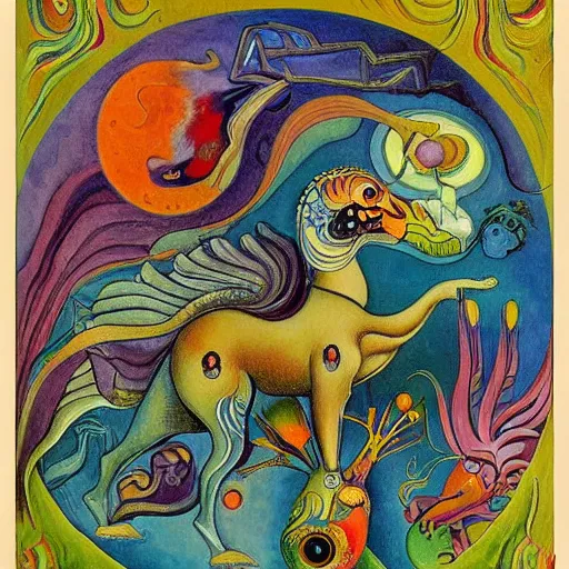 Prompt: strange mythical beasts of whimsy, surreal oil painting by Ronny Khalil and Kandinsky, drawn by Ernst Haeckel, as an offering to Zeus