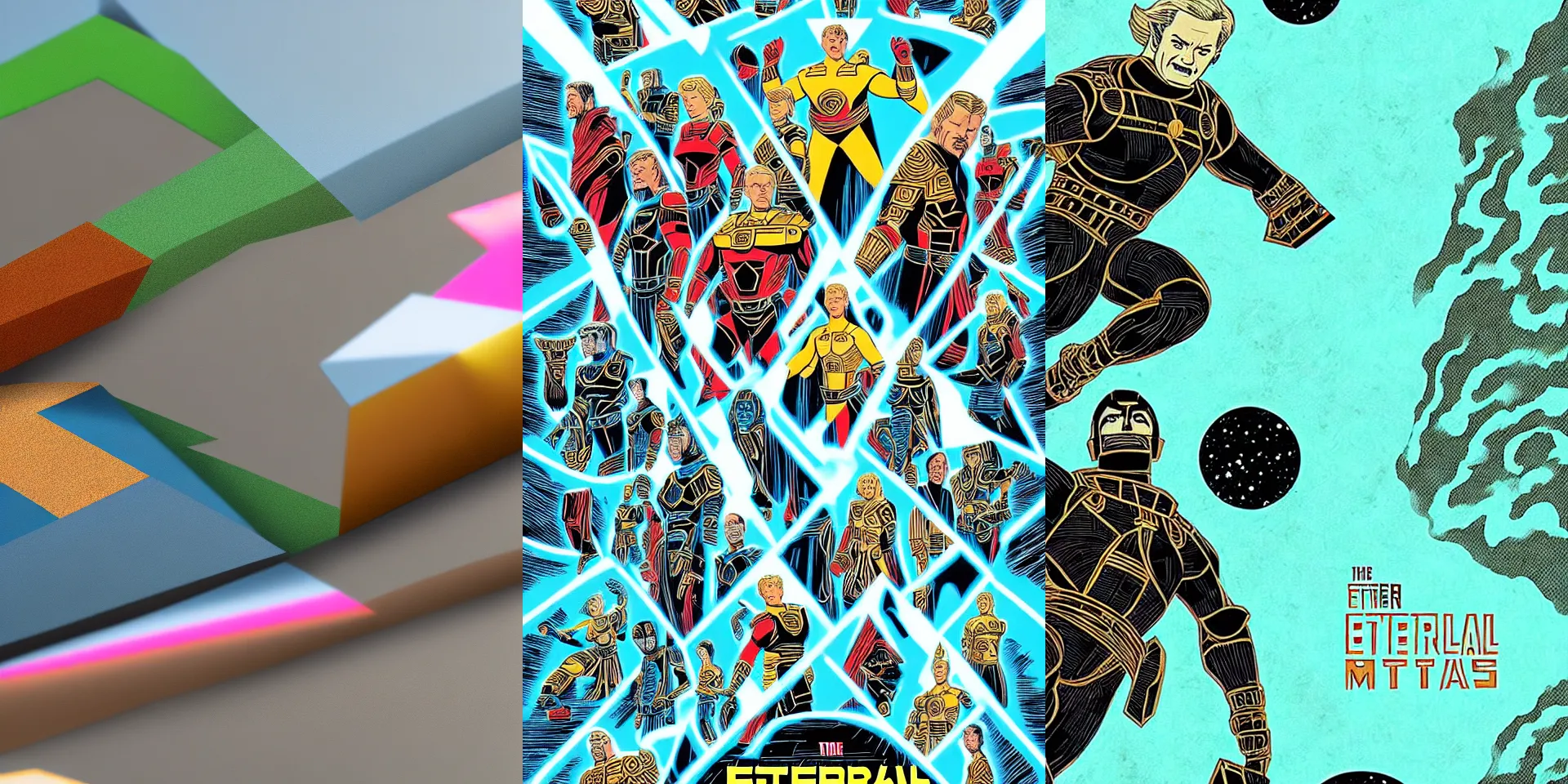Prompt: the eternals movie poster (2021) in the style of wood block prints, limited palette, highly detailed, full size, centered mass, epic, dark background of outer space, main cast, collage, award winning