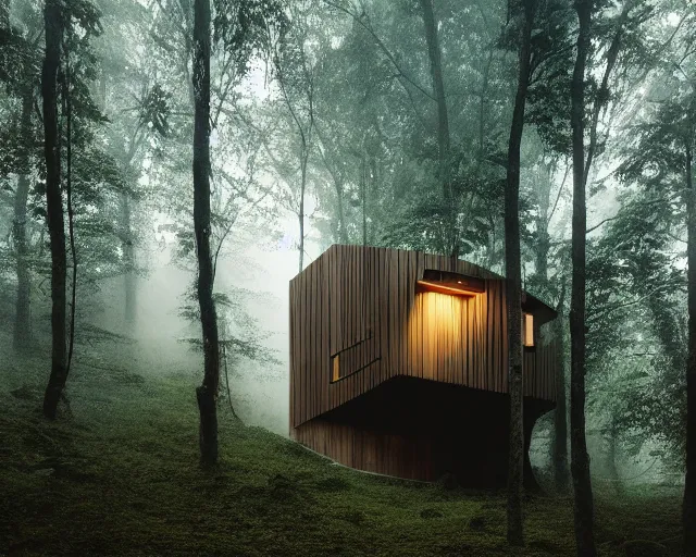 Prompt: an exquisite wooden house in the middle of a lush forest, minimalist design, architectural photography, dark and dim lighting, beautiful, tranquil, moody, cinematic, fantasy, 3 5 mm lens, volumetric lighting, first person view, photographic render, hyper realistic