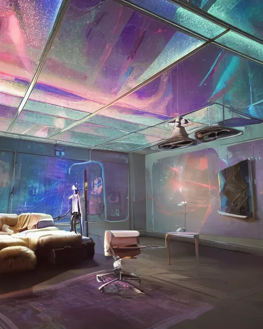 Prompt: artstation scifi scene of a safe room as ikea ad, lounge furniture, sky mural on the room ceiling, holographic glitchart walls, windows, large terrarium, paneled walls, unreal engine 5, hyper realism, realistic shading, cinematic composition, blender render, octane render, hdr, detailed textures, photorealistic, wide shot