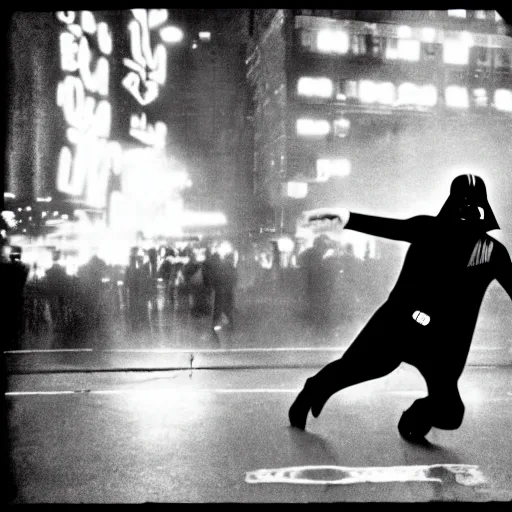 Image similar to Darth Vader Fosse, dancing in New York City at night. Lomography, light leak. 1983