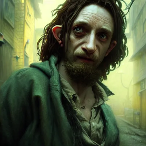 Image similar to Drug addict hobbit with crazy eyes smoking in a dark alley, ultra realistic, concept art, intricate details, dark, highly detailed, photorealistic, octane render, 8k, unreal engine, art by artgerm and greg rutkowski and alphonse mucha