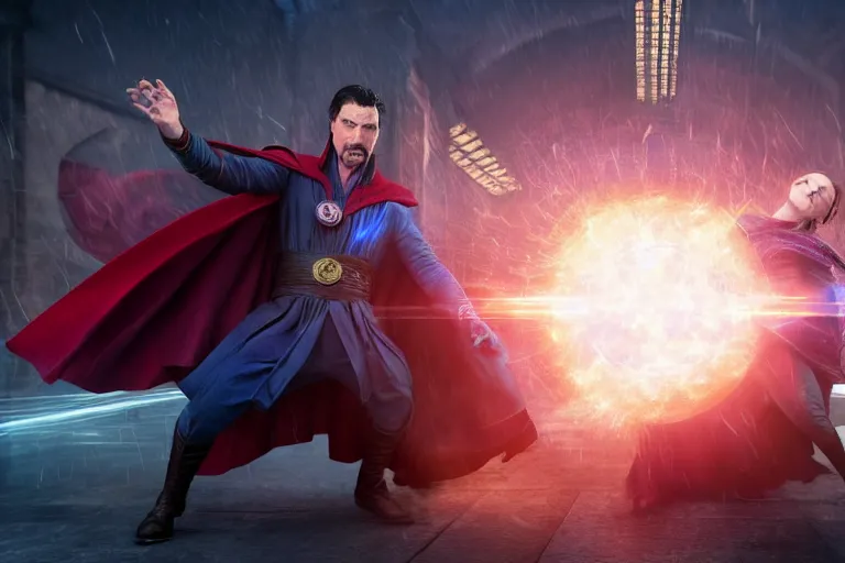 Image similar to Action sequence still of Doctor Strange in the foreground and Scarlet Witch in the background, fighting using magic on a battlefield, Trending on artstation, photorealistic image, photorealistic imagery, 4k, 8k, movie still, action still