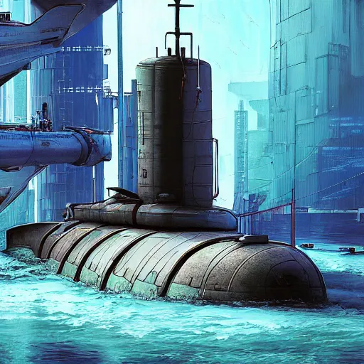 Image similar to cyberpunk submarine near a dock, digital art, painterly style, epic composition, hd, 4 k, professional, intricate detail
