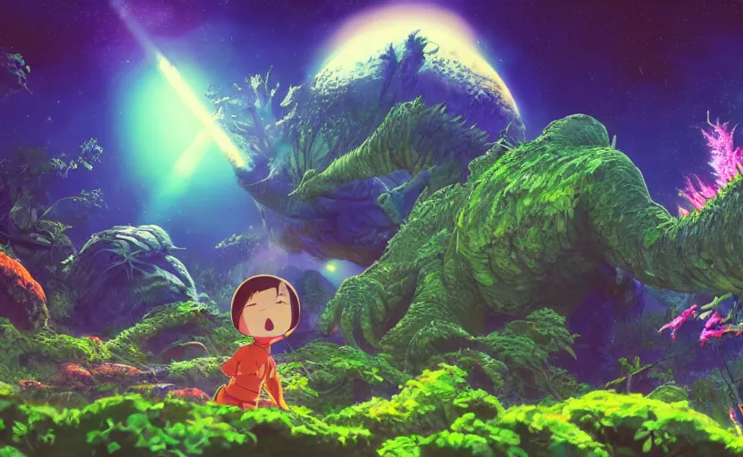 Image similar to a still of a cute adorable tiny astronaut, on a planet of lush colorful foliage, with an enormous kaiju dragon surrounding the full background, magical forest, sharp focus, neon backlit, highly detailed, disney pixar studio ghibli makoto shinkai, digital painting, matte, octane render, global illumination, iridescent, anime, 8 k concept art