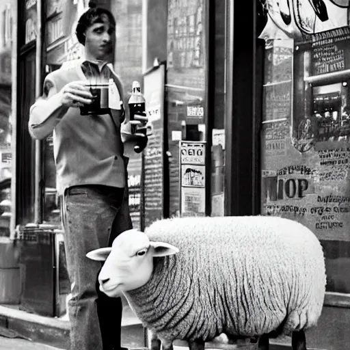 Image similar to sheep from 'Sheep in the Big City' drinking a beer. New York City.