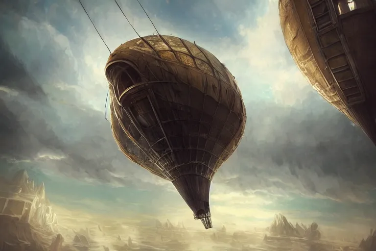 Image similar to An airship flying through the clouds towards a steampunk city, epic fantasy style, highly detailed, photorealistic, reflections, smooth, sharp focus, concept art, illustration, beautiful, geometric, trending on artstation, cinematic, featured on behance , artwork by WLOP and Tran, Ross