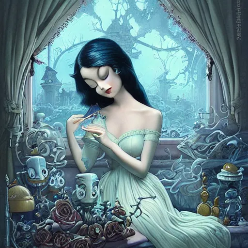 Image similar to Lofi portrait while sleeping, Pixar style by Joe Fenton and Stanley Artgerm and Tom Bagshaw and Tim Burton