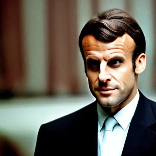 Prompt: Emmanuel Macron wearing a mustache in American Psycho (1999)