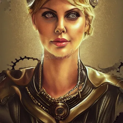 Prompt: beautiful Charlize Theron, perfect face and body, in detailed steampunk dress, smooth, sharp focus, illustration, realistic, cinematic, artstation, cinematic, award winning, original modern artwork, set on H. R. Giger aesthetic, rgb ethereal lighting,8k