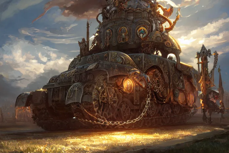 Prompt: a mobile driving ornate cathedral church mounted on a tank with chain drive, warhammer 4 0, scene in an open field. key visual, conceptart, ambient lighting, highly detailed, digital painting, artstation, concept art, sharp focus, by makoto shinkai and akihiko yoshida and kris kuksi