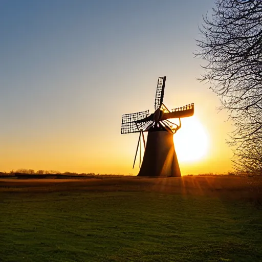 Prompt: Chesterton Windmill in the sunset with sunrays shining through it's sails